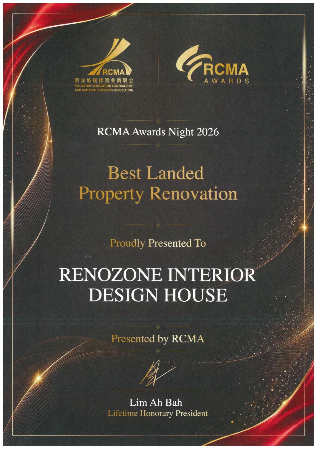 RCMA Awards Night 2026 certificate: Best Landed Property Renovation, presented to RenoZone Interior Design House
