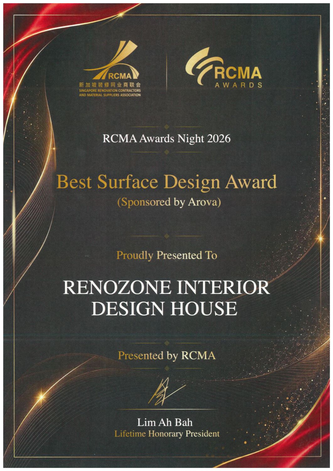 RCMA Awards Night 2026 certificate: Best Surface Design Award, sponsored by Arova, presented to RenoZone Interior Design House