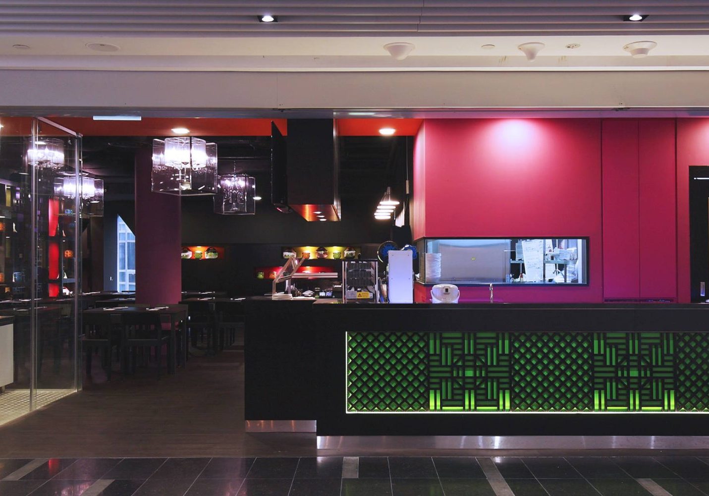 Isshi Ramen restaurant interior design long table seating